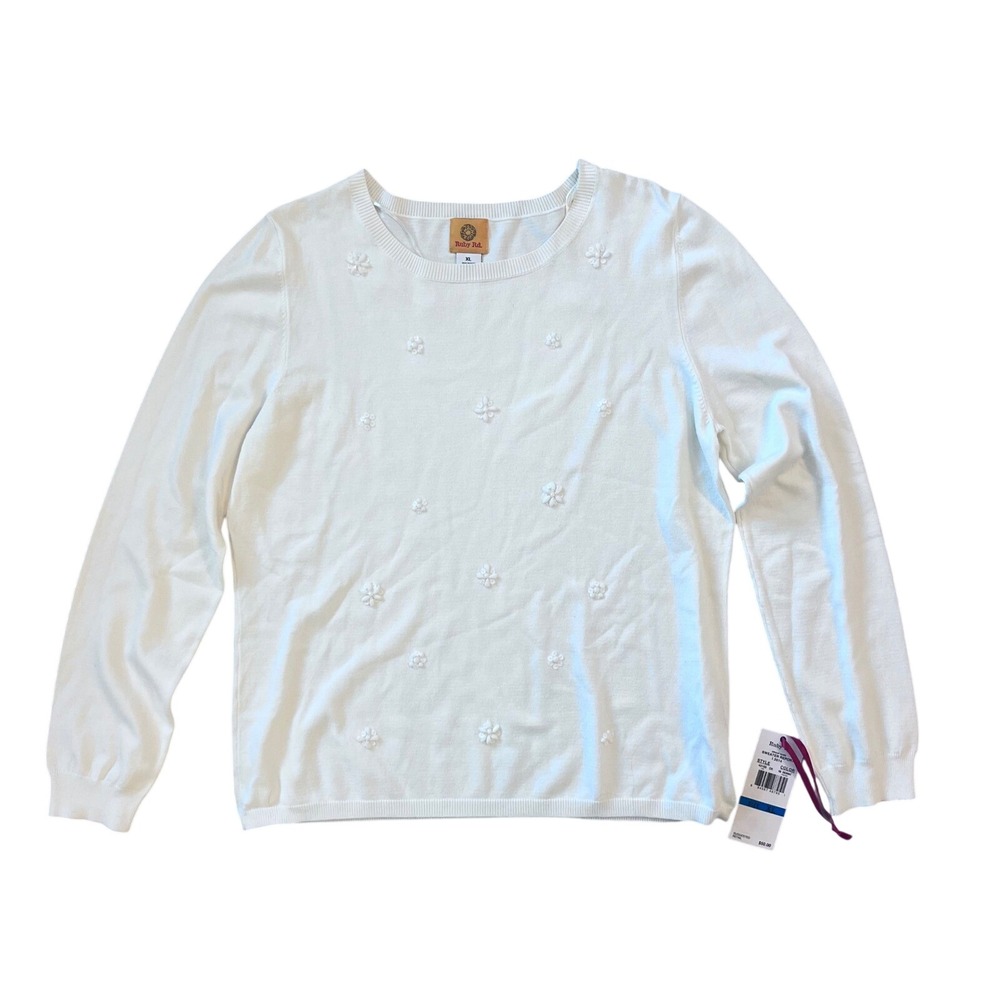 Ruby Rd Sweater Women XL‎ White NEW Beaded Floral Crew Neck Long Sleeve Pullover